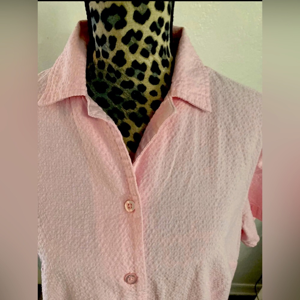 Dress Barn Blouse 14/16 Boho Chic Collared Neck Button Up Short Sleeve Barbie - Picture 2 of 5